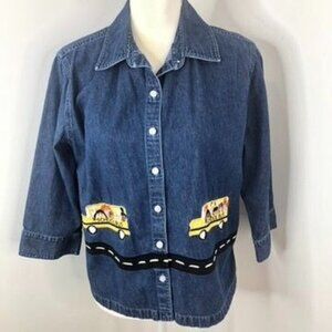 Bechamel Petites Womens Denim Button Shirt Jacket Sz PM School Bus Embroidered